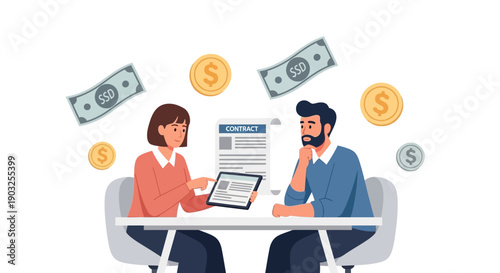 Business professionals collaborating at a desk surrounded by floating money and documents in a modern office environment