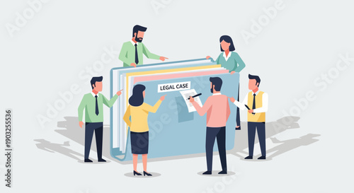 Group of professionals collaborating on a large digital document, examining and discussing content together