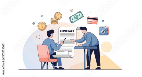 Business professionals reviewing a contract with financial elements surrounding them in a modern office environment from a slightly elevated viewpoint