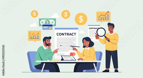 Business professionals reviewing contract documents together at a meeting table with financial symbols and graphs surrounding them