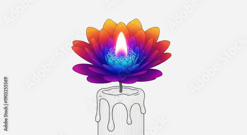 Vibrant Lotus Flame Illuminating a Sketch Candle with Melting Wax and Gradient Petals