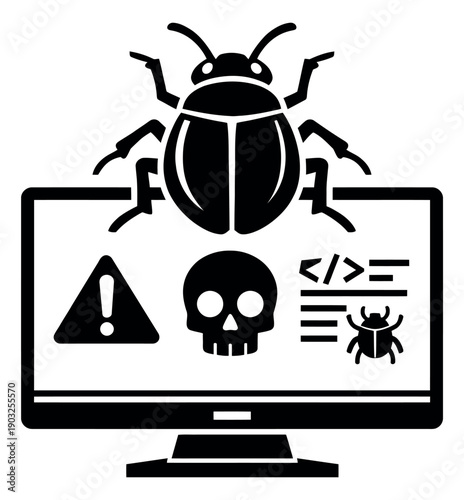 Solid style illustration of a computer virus attack depicting a digital threat for internet security awareness
