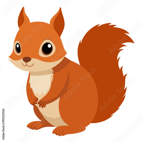 Cute cartoon squirrel with fluffy tail and warm orange fur, sitting side view. Adorable rodent. Suitable for children's books, sticker, mascot, logo. Vector illustration on white background