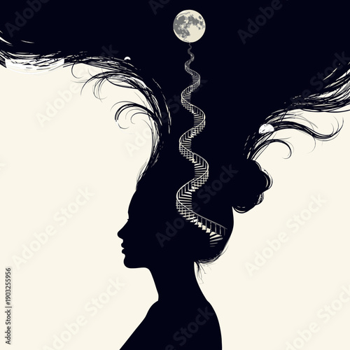surreal woman profile with staircase and moon