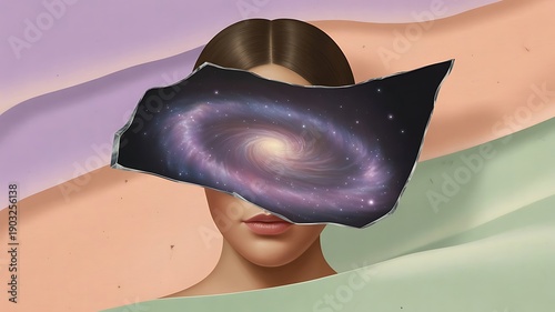 Woman with galaxy over her face in modern abstract art style