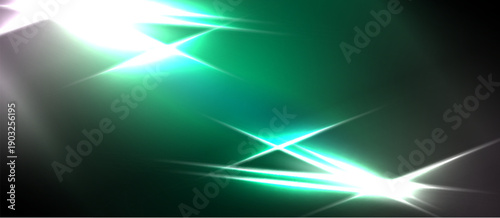 Abstract background features bright light flares, green hues, dark borders. Dramatic effect creates dynamic visual experience.