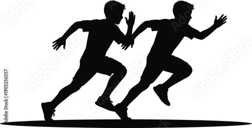 Two male athletes running side by side in a racing motion