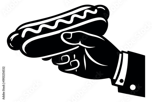 Graphic style illustration of a hand holding a hot dog depicting a classic fast food item for restaurant marketing