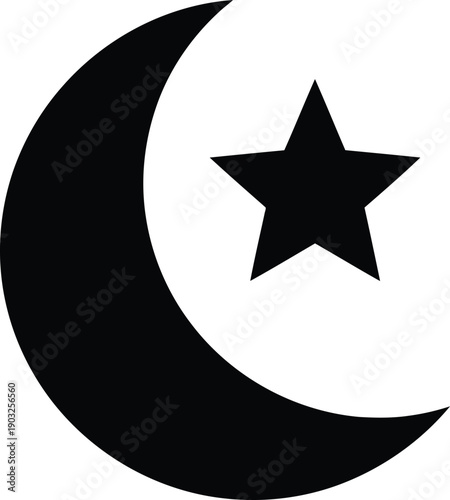 Black crescent moon and star symbol for ramadan or islamic design