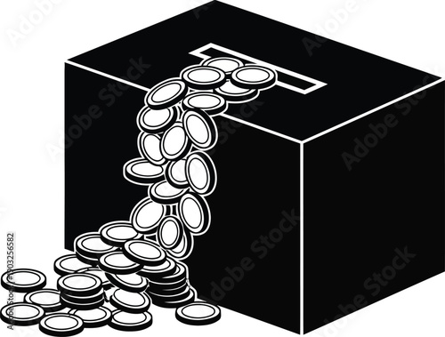 Black piggy bank box with coins spilling out for saving money concept