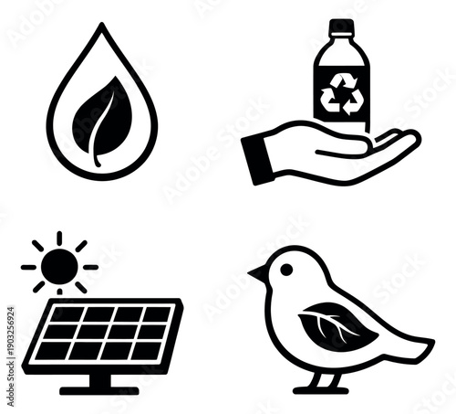 Modern environmental icons set featuring a water drop, a hand holding a recycled bottle, a solar panel, and a bird for sustainable design