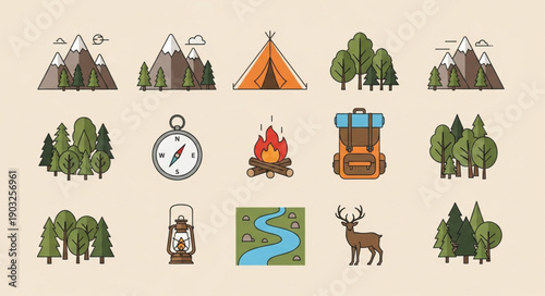 Outdoor Adventure Camping and Hiking Icons Set.