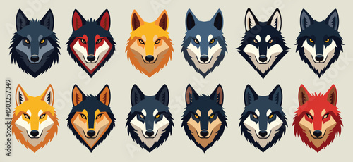 illustration of various wolf heads featuring different