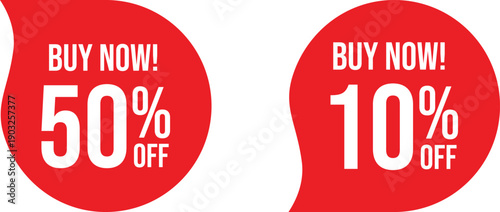 Two vibrant red circular signs advertising fifty and ten percent discounts respectively