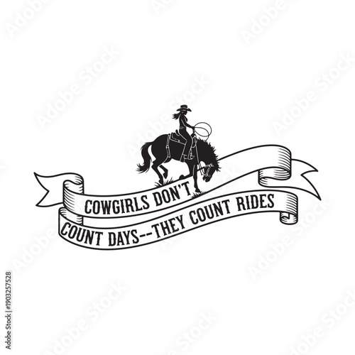  cowgirl riding horse with banner isolated on white background