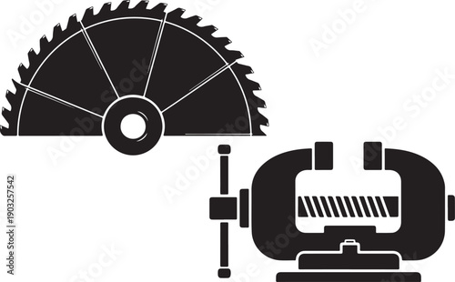 Black and white illustration of a circular saw blade and a vise