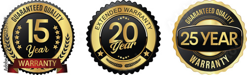 Three badges showcasing 15, 20, and 25 year warranties for a company's longevity