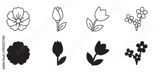 Collection of simple black flower icons in outline and silhouette styles, featuring various minimalist floral designs like tulips and blossoms for graphic design elements