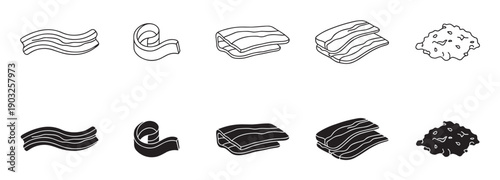 Black and white bacon icon collection featuring various forms such as wavy strips, folded slices, and crispy bits, presented in simple line art and solid silhouette graphic styles