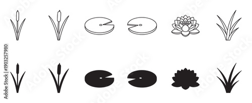 Set of black pond plant icons showing cattails, lily pads, a water lily, and grass, presented in both clean line art and solid silhouette vector styles