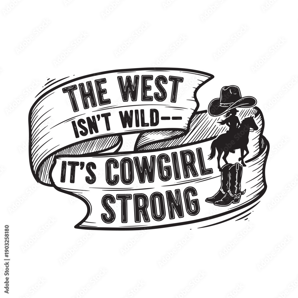 Obraz premium vintage cowgirl illustration with ribbon banner isolated on white background