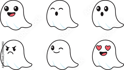 Cute ghost emoji expressions set, simple halloween cartoon spirits, funny spooky faces icons, adorable minimal ghost illustration for design use