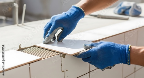 Skilled worker precisely installing ceramic tiles on a wall surface