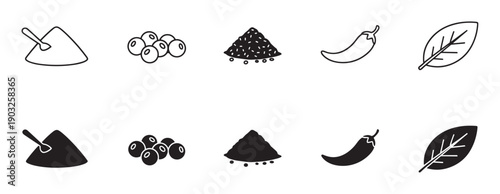 Set of black spice and seasoning icons in line art and solid glyph styles for cooking and culinary concepts, including sugar, peppercorn, chili, and leaf symbols