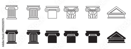 Set of classical architectural column icons presented in two styles, a clean black outline version and a solid silhouette, showing various ancient pillar and pediment designs