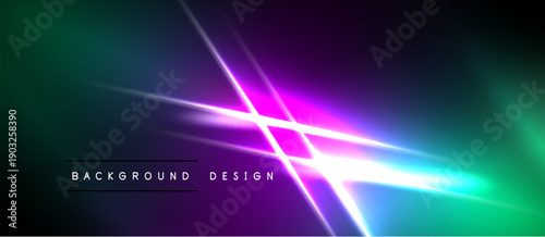 Abstract neon lights create vibrant gradient background. Diagonal lines intersect, forming dynamic visual effect. Dark borders frame colorful display.