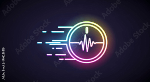 Vibrant neon audio wave podcast icon with data flow against a dark background, showcasing digital