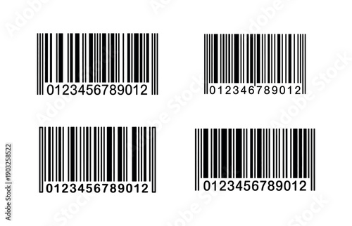 Four black and white barcodes with numerical sequences on white background Keywords: barcode