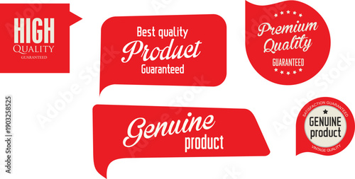 Vintage style labels showcasing various product quality descriptors