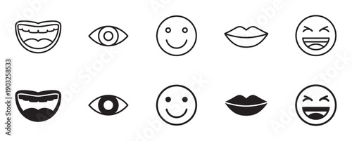 Collection of black emotion icons depicting facial expressions and features, including laughing mouths, eyes, smiles, and lips, presented in both outline and solid styles