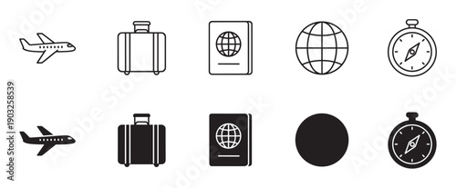 Set of black travel and tourism icons in two styles, featuring a minimalist line art outline and a solid glyph silhouette with an airplane, suitcase, passport, globe, and compass