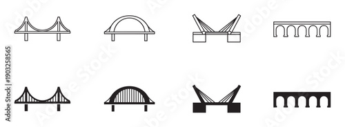 Set of eight black bridge icons in minimalist line art and solid silhouette styles, featuring various architectural structures like suspension, arch, and cable-stayed designs