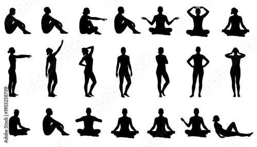 Set of 24 people silhouettes in various sitting, standing, and meditating poses. Includes relaxed positions, casual standing, yoga and mindfulness postures, and everyday human body positions. 