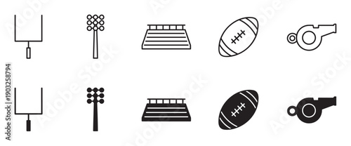 American football sports equipment icon set collection with goalpost, stadium lights, bleachers, ball, and whistle in line art and solid glyph styles for graphic design