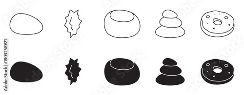 Set of hand-drawn abstract shapes and icons in outline and silhouette styles, featuring an egg, lightning, stacked stones, and a donut, perfect for various graphic design projects