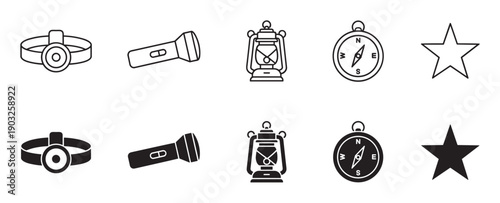 Set of black camping and hiking icons featuring a headlamp, flashlight, lantern, compass, and star, presented in two distinct styles: a simple line art outline and a solid silhouette