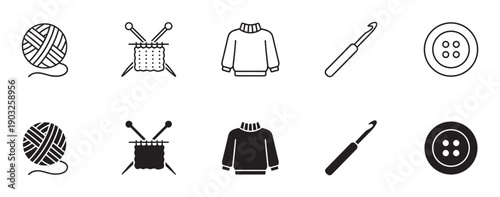 Set of knitting and crochet icons showing a yarn ball, needles, sweater, hook, and button in both outline and solid glyph styles for handmade crafts