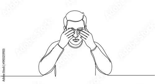 Line drawing of a man holding his face in despair while sitting at a table on a transparent background