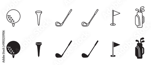Set of black golf equipment icons presented in two distinct styles, a thin line art outline and a solid filled silhouette, including a ball, tee, club, flag, and bag