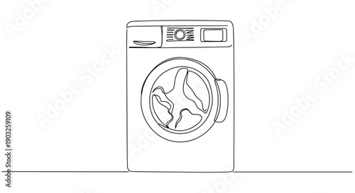 Line drawing of a front-loading washing machine isolated on a transparent background with visible door and control panel in a minimalist style
