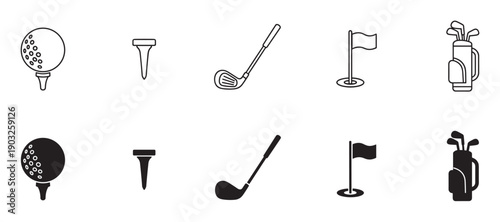 Set of black golf equipment icons in two distinct styles, featuring line art outlines and solid silhouettes of a ball, tee, club, flag, and bag for sports design