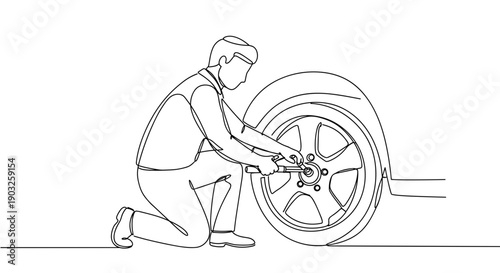 Line drawing of a man repairing a car tire while kneeling on the ground, isolated on a transparent background