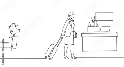 Line drawing of a businesswoman walking with a suitcase at a hotel reception on a transparent background
