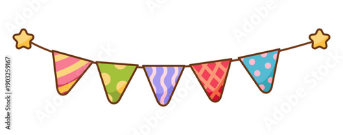 Festive flag garland Isolated. Hanging carnival buntings with triangular shapes flags for party, celebration, carnival, or birthday design. Vector Illustration.