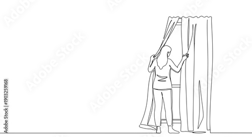 Line drawing of a woman standing indoors, opening curtains to let light in, minimalist style on a transparent background