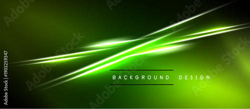 Abstract green background features dynamic light streaks. Modern design elements create vibrant visual impact. Simple text reads background design.